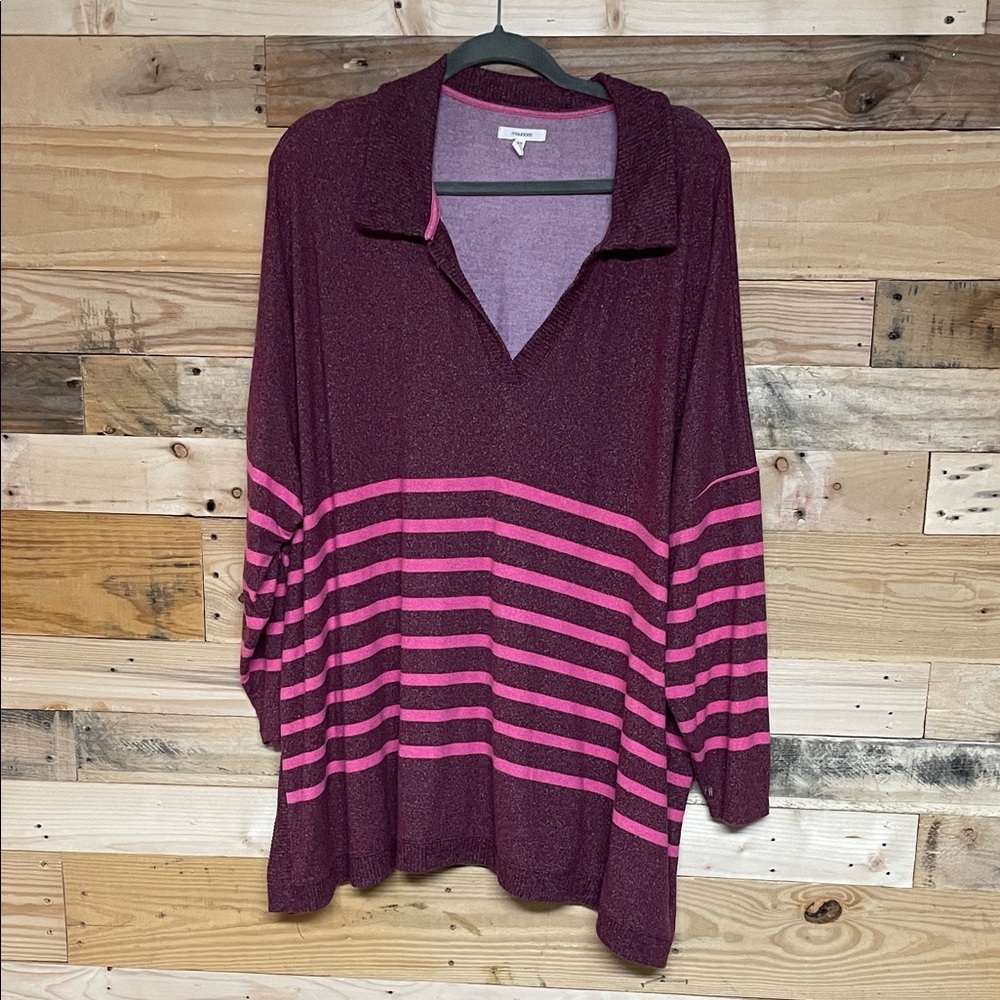 Maurices size 3X Burgundy and Pink Striped Collared Super Soft Stretchy Sweater